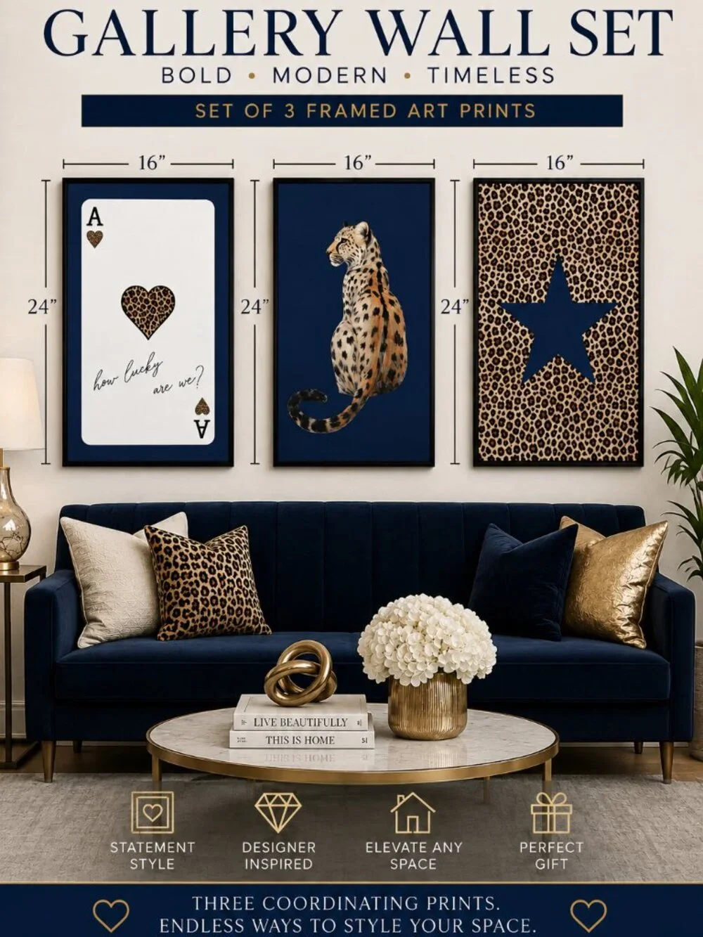 Leopard Wall Art Set of 3 Navy Blue Framed Animal Prints Modern Decor